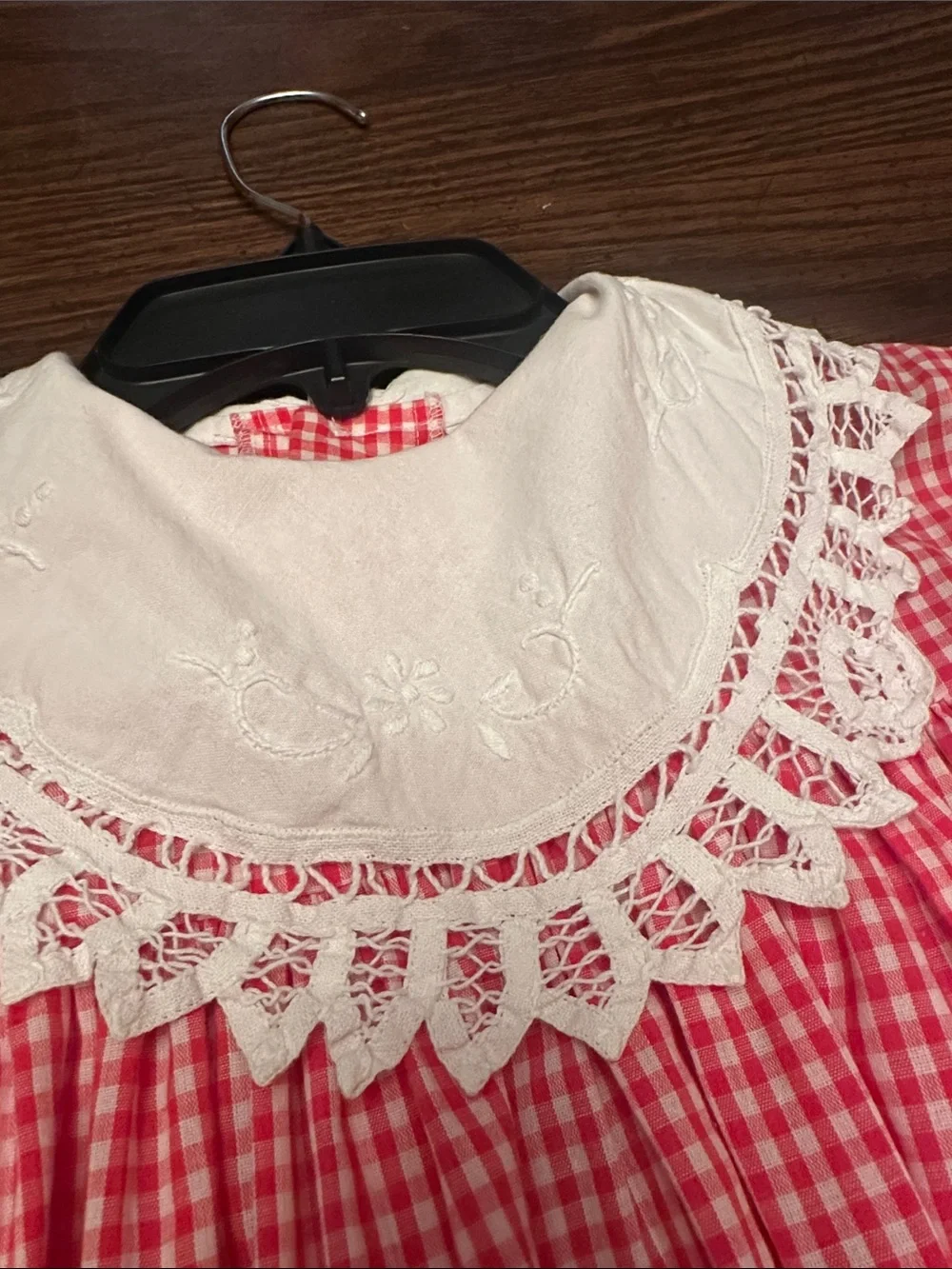 Girls red and white Gingham Long-Sleeve Dress with Lace Collar